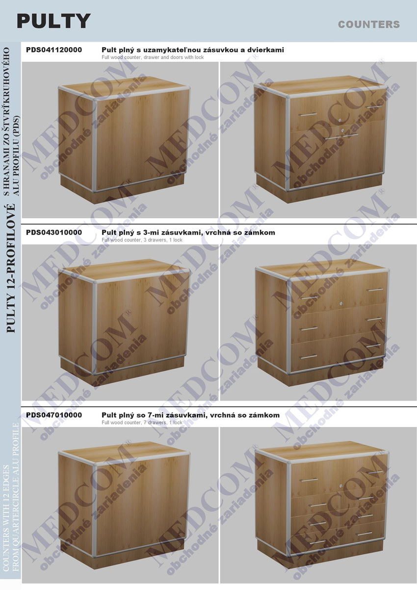 counters with 12 edges from quartercircle ALU profile; full wood counter, drawer and doors with lock; full wood counter, 3 drawers, 1 lock; full wood counter, 7 drawers, 1 lock
