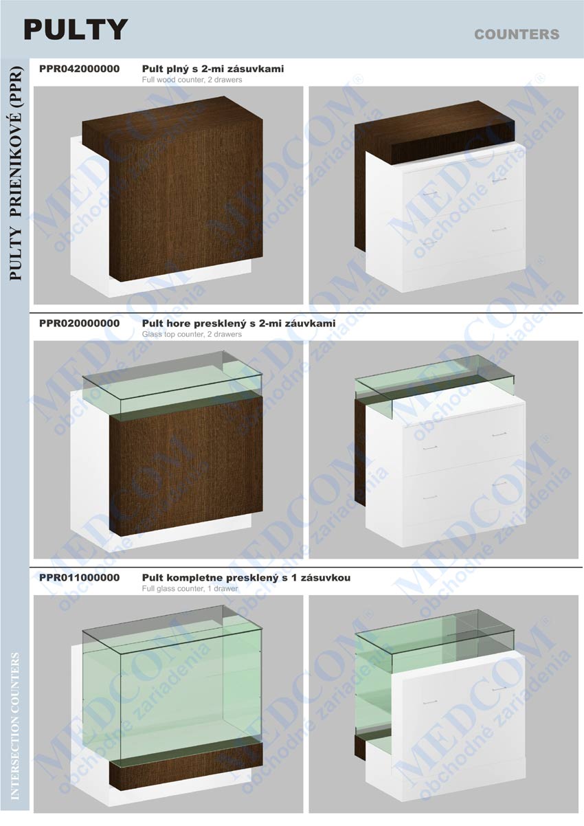 intersection counters; full wood counter, glass top counter, full glass counter