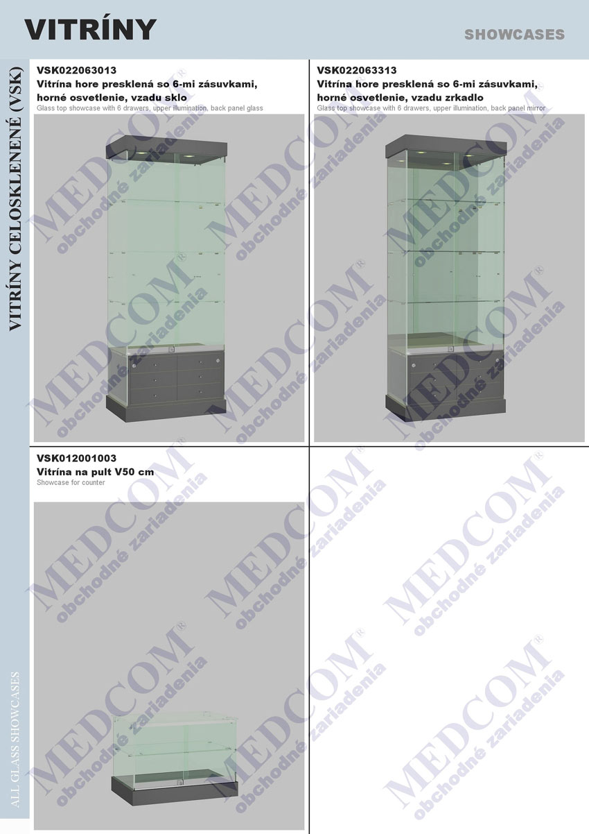 all glass showcases; glass top showcase with 6 drawers, upper illumination, back panel glass; glass top showcase with 6 drawers, upper illumination, back panel mirror; showcase for counter