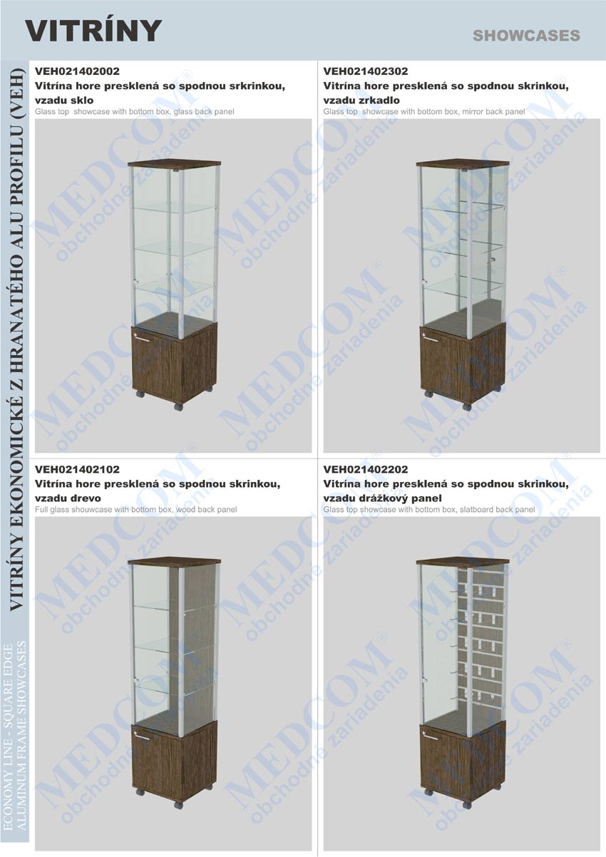 Economy line showcases with square ALU edges; glass top showcase with bottom box, glass back panel; glass top showcase with bottom box, mirror back panel; full glass showcase with bottom box, wood back panel; glass top showcase with bottom box, slatboard back panel