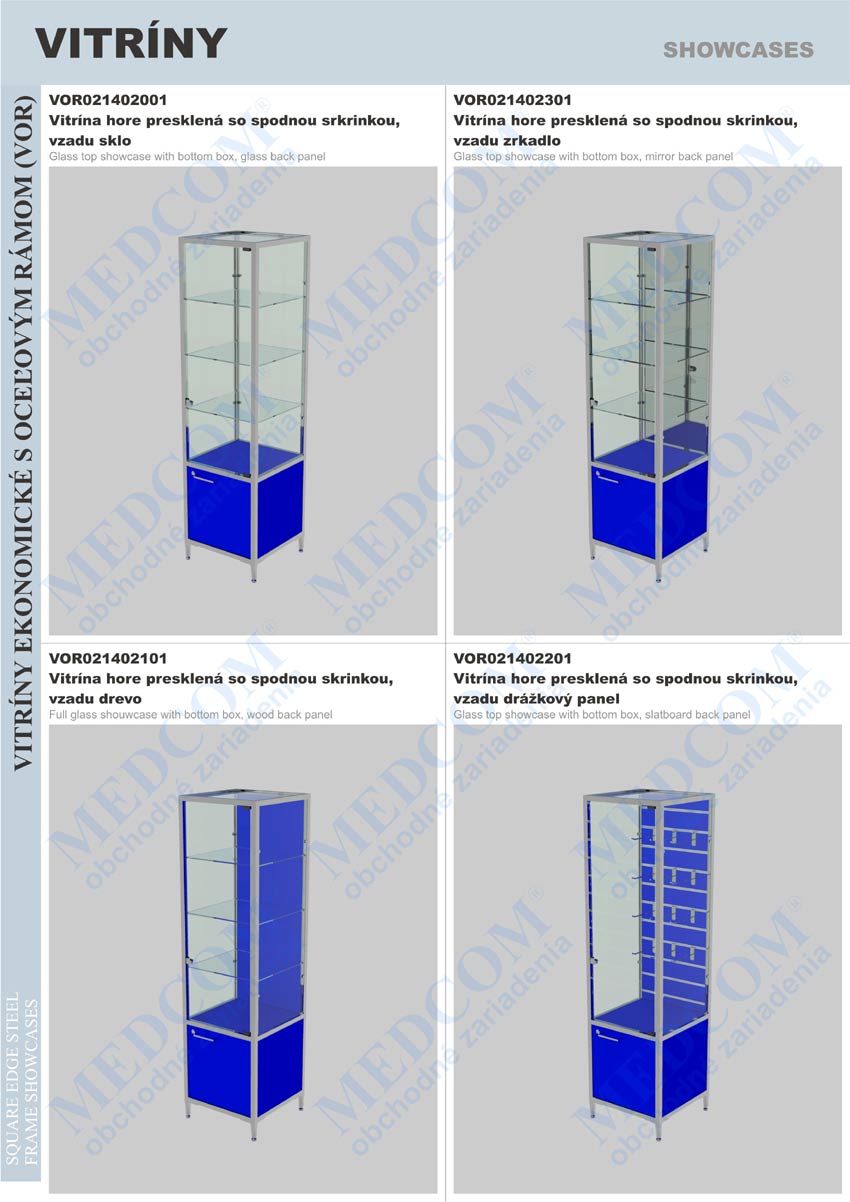 Economy line showcases with metal edges; glass top showcase with bottom box, glass back panel; glass top showcase with bottom box, mirror back panel; full glass showcase with bottom box, wood back panel; glass top showcase with bottom box, slatboard back panel