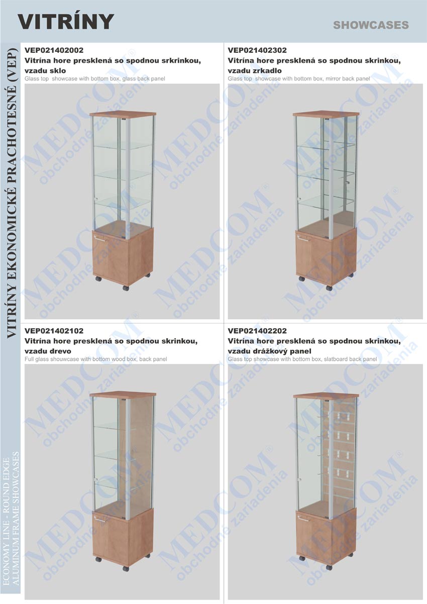 economy line dustproof showcases; glass top showcase with bottom box, glass back panel; glass top showcase with bottom box, mirror back panel; full glass showcase with bottom wood box, back panel; glass top showcase with bottom box, slatboard back panel
