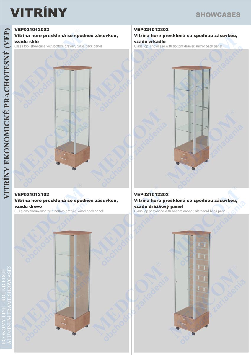 economy line dustproof showcases; glass top showcase with bottom drawer, glass back panel; glass top showcase with bottom drawer, mirror back panel; full glass showcase with bottom drawer, wood back panel; glass top showcase with bottom drawer, slatboard back panel
