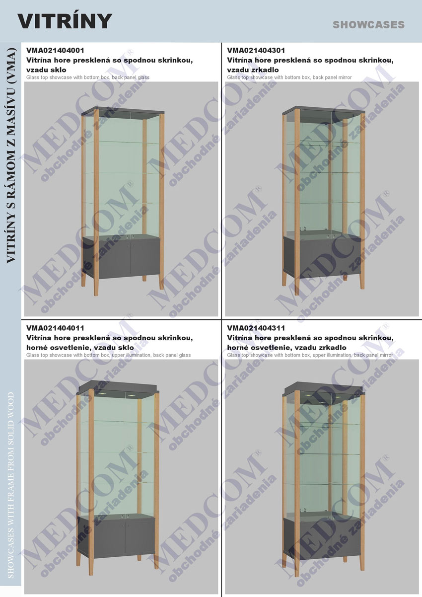 Showcases with frame from solid wood; glass top showcase with bottom box, back panel glass; glass top showcase with bottom box, back panel mirror; glass top showcase with bottom box, upper illumination, back panel glass; glass top showcase with bottombox, upper illumination, back panel mirror