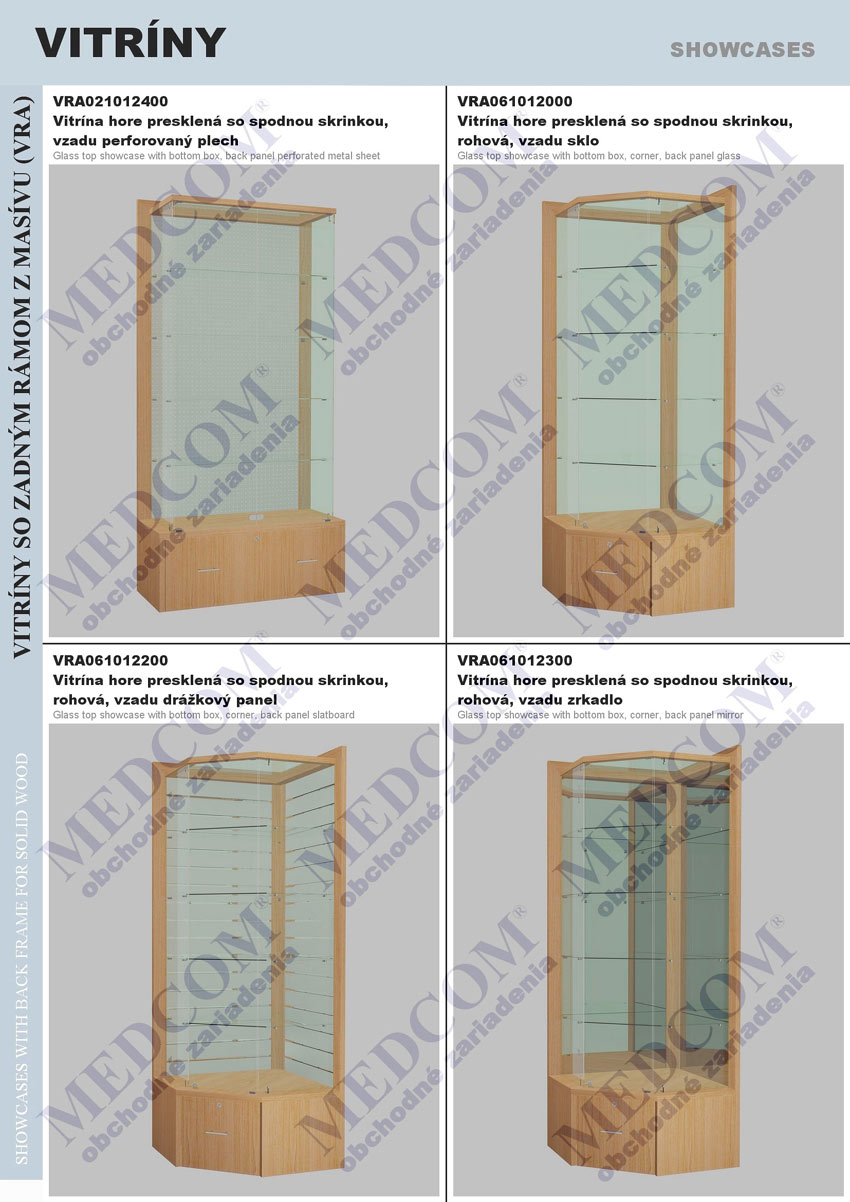 Showcases with frame with back from solid wood; glass top showcase with bottom box, back panel, perforated metal sheet; glass top showcase with bottom box, corner, back panel glass; glass top showcase with bottom box, corner, back panel slatboard; glass top showcase with bottom box, corner, back panel mirror