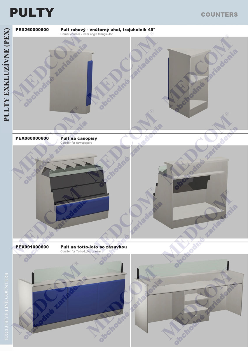 exclusive line counters; corner counter - inner angle triangle 45°; corner for newspapers; corner for totto-loto, drawer