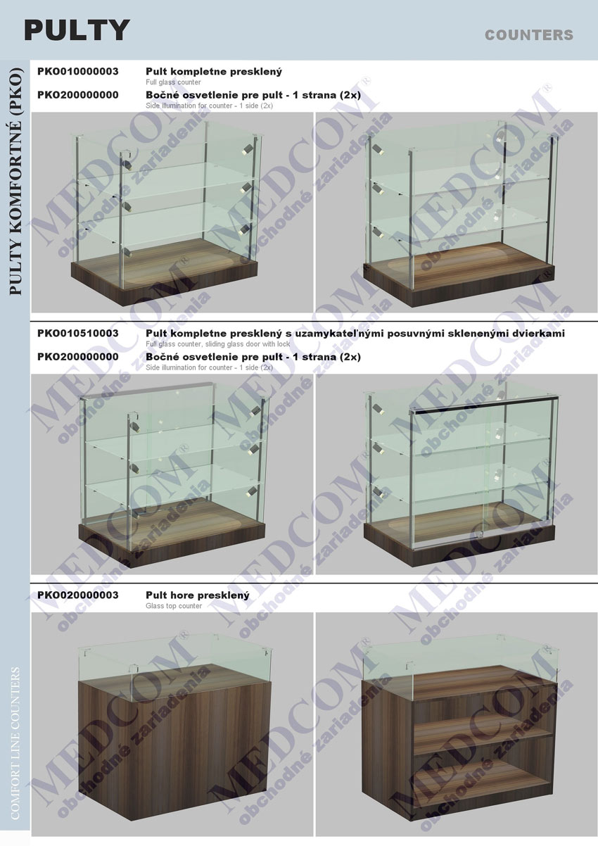 full glass counter; side illumination for counter; full glass counter, sliding glass door with lock; glass top counter