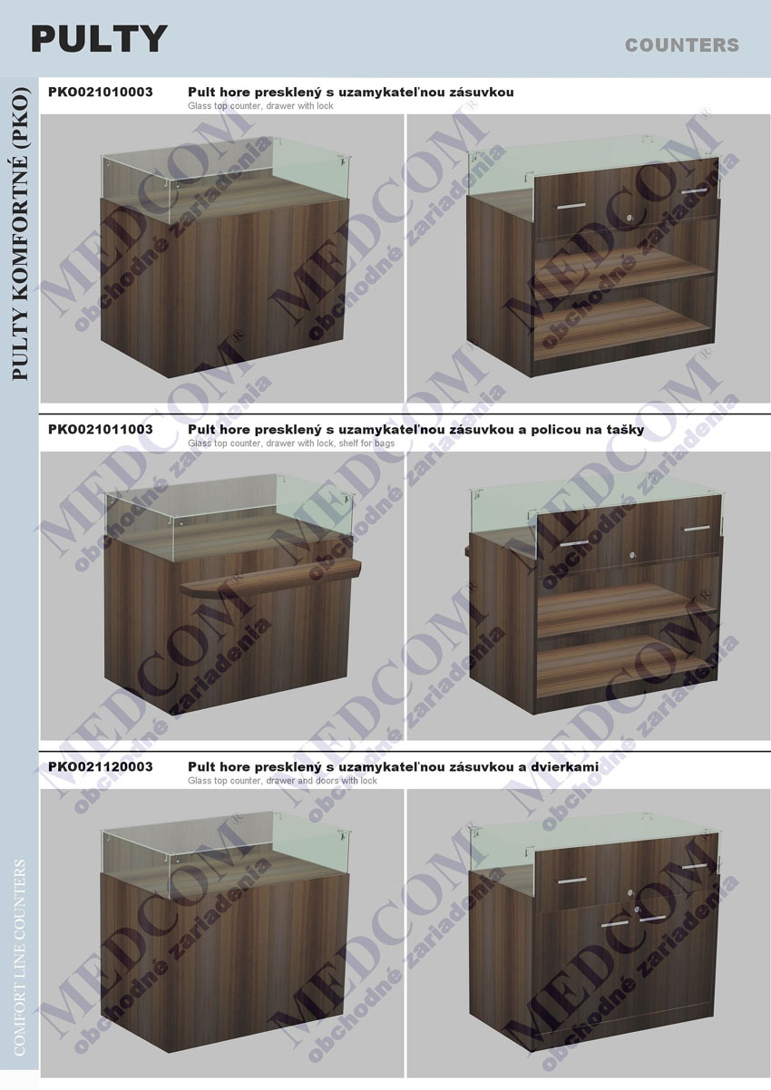 glass top counter, drawer with lock; glass top counter, drawer with lock, shelf for bags; glass top counter, drawer and door with lock