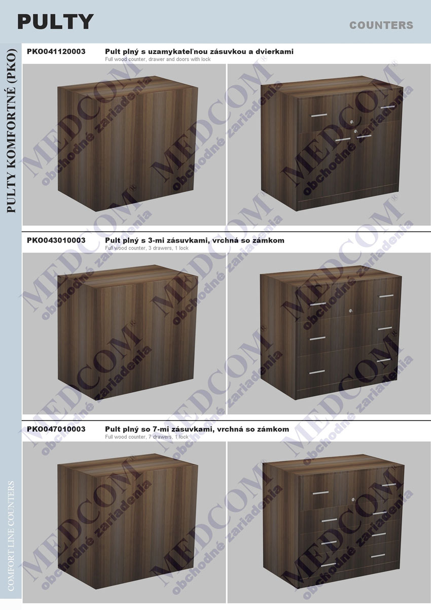 full wood counter, drawer and doors with lock; full wood counter, 3 drawers, 1 lock; full wood counter, 7 drawers, 1 lock